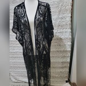 Black Sheer Lace Fringe Kimono Duster, Bathing Suit Cover-up, Womens OS, Summer